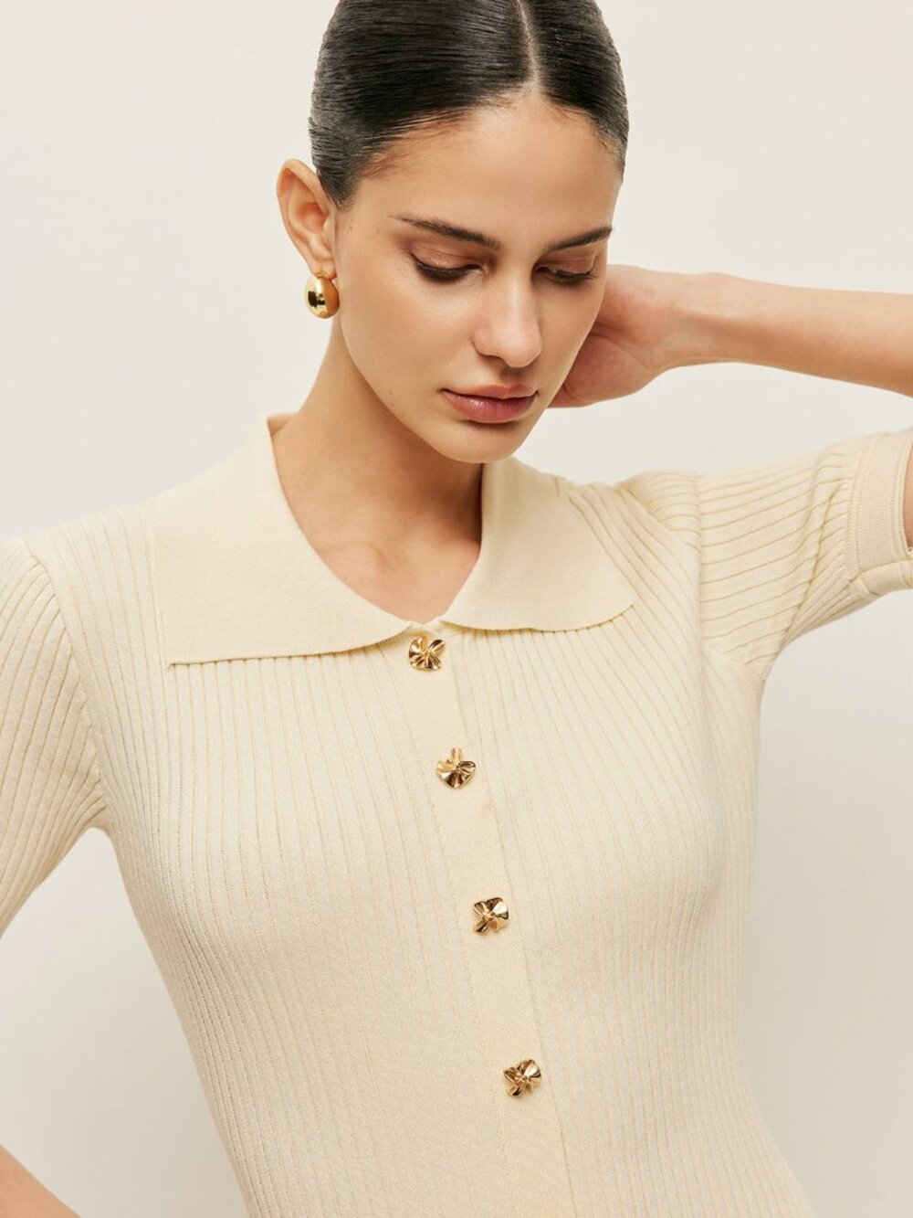 NWT Commense Knit Polo Pointelle Dress Cream Small - Picture 3 of 3